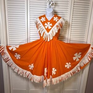 Mexican Folkloric Dress Hand Made Orange With White Stars And Fringe Young Adult